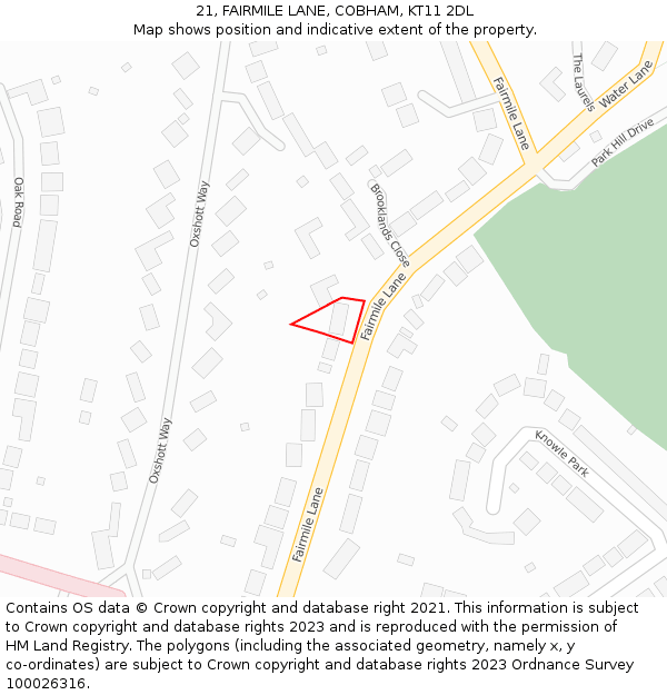 21, FAIRMILE LANE, COBHAM, KT11 2DL: Location map and indicative extent of plot