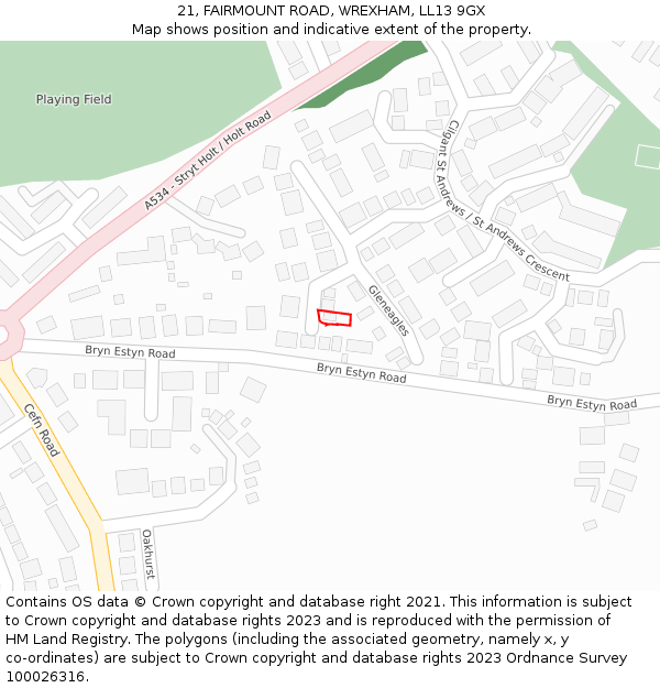 21, FAIRMOUNT ROAD, WREXHAM, LL13 9GX: Location map and indicative extent of plot