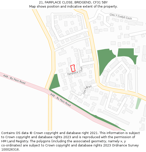 21, FAIRPLACE CLOSE, BRIDGEND, CF31 5BY: Location map and indicative extent of plot