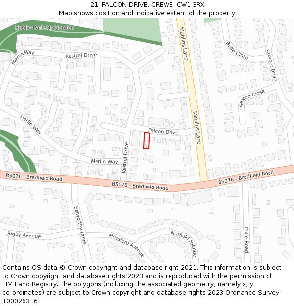 21, FALCON DRIVE, CREWE, CW1 3RX: Location map and indicative extent of plot