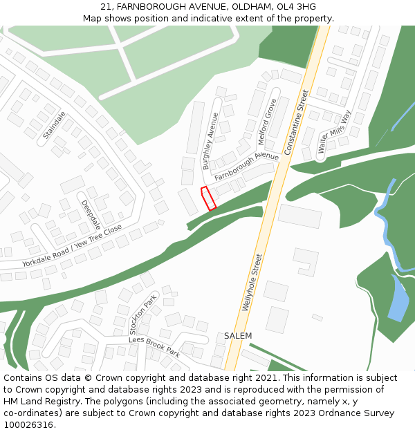 21, FARNBOROUGH AVENUE, OLDHAM, OL4 3HG: Location map and indicative extent of plot