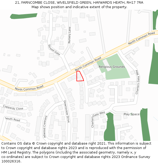 21, FARNCOMBE CLOSE, WIVELSFIELD GREEN, HAYWARDS HEATH, RH17 7RA: Location map and indicative extent of plot