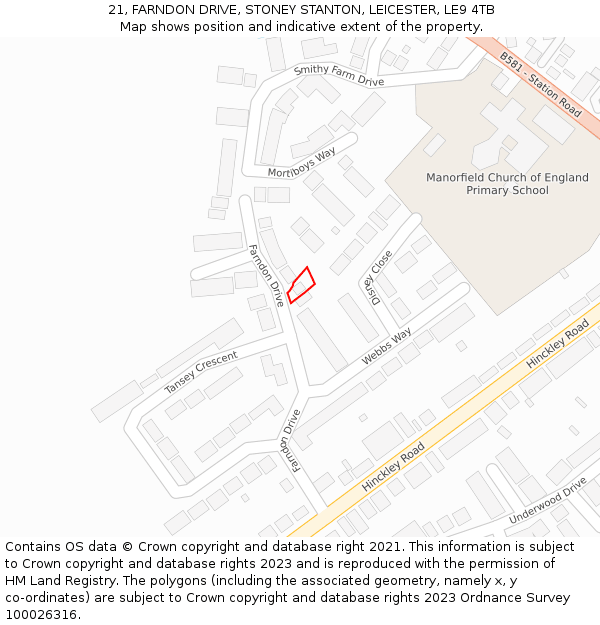 21, FARNDON DRIVE, STONEY STANTON, LEICESTER, LE9 4TB: Location map and indicative extent of plot