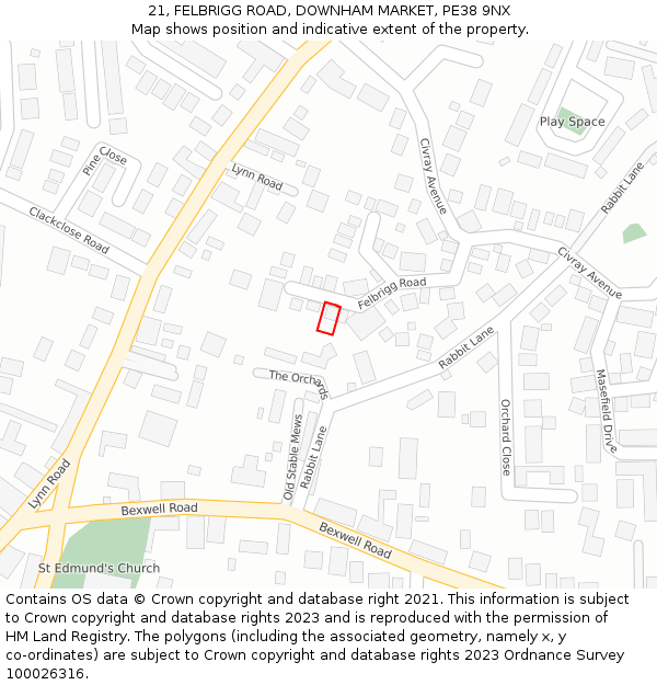 21, FELBRIGG ROAD, DOWNHAM MARKET, PE38 9NX: Location map and indicative extent of plot