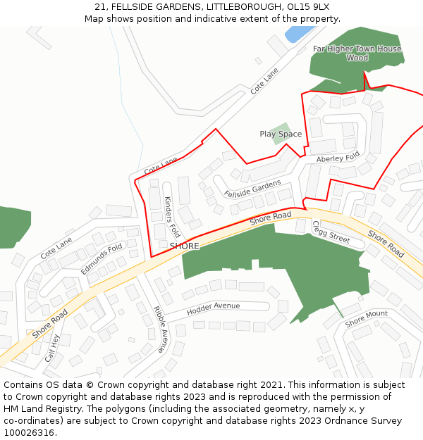 21, FELLSIDE GARDENS, LITTLEBOROUGH, OL15 9LX: Location map and indicative extent of plot