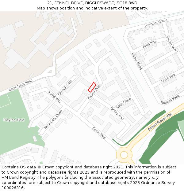 21, FENNEL DRIVE, BIGGLESWADE, SG18 8WD: Location map and indicative extent of plot