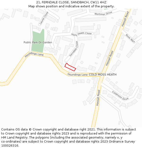 21, FERNDALE CLOSE, SANDBACH, CW11 4HZ: Location map and indicative extent of plot