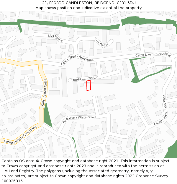 21, FFORDD CANDLESTON, BRIDGEND, CF31 5DU: Location map and indicative extent of plot