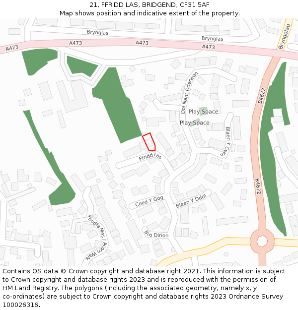 21, FFRIDD LAS, BRIDGEND, CF31 5AF: Location map and indicative extent of plot