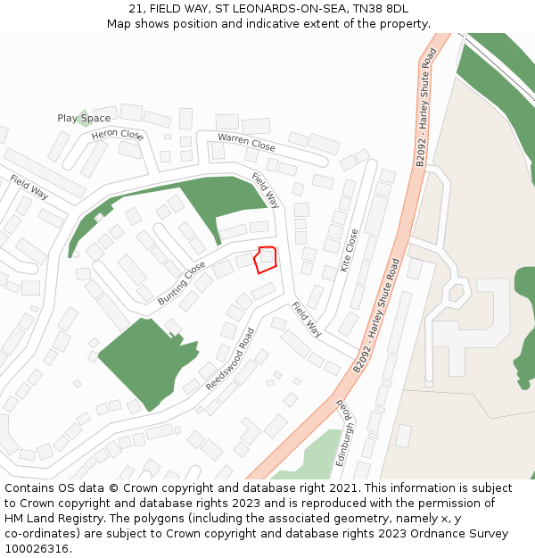 21, FIELD WAY, ST LEONARDS-ON-SEA, TN38 8DL: Location map and indicative extent of plot