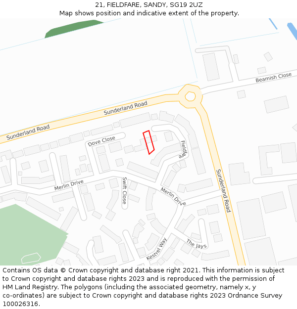 21, FIELDFARE, SANDY, SG19 2UZ: Location map and indicative extent of plot