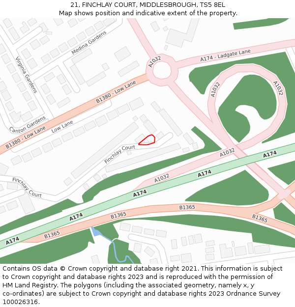 21, FINCHLAY COURT, MIDDLESBROUGH, TS5 8EL: Location map and indicative extent of plot