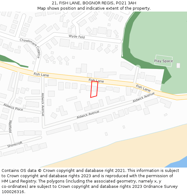 21, FISH LANE, BOGNOR REGIS, PO21 3AH: Location map and indicative extent of plot