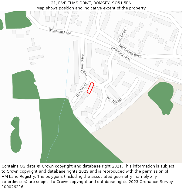 21, FIVE ELMS DRIVE, ROMSEY, SO51 5RN: Location map and indicative extent of plot