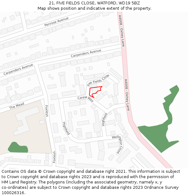 21, FIVE FIELDS CLOSE, WATFORD, WD19 5BZ: Location map and indicative extent of plot