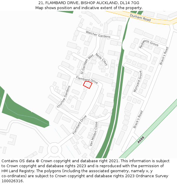 21, FLAMBARD DRIVE, BISHOP AUCKLAND, DL14 7GG: Location map and indicative extent of plot