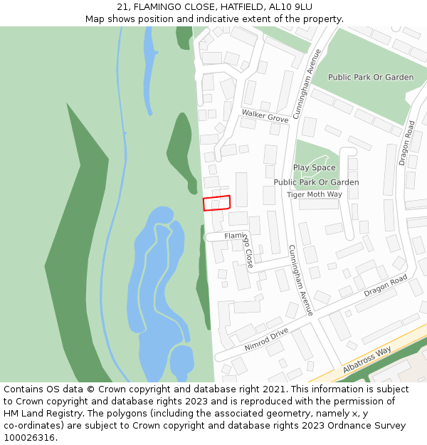 21, FLAMINGO CLOSE, HATFIELD, AL10 9LU: Location map and indicative extent of plot