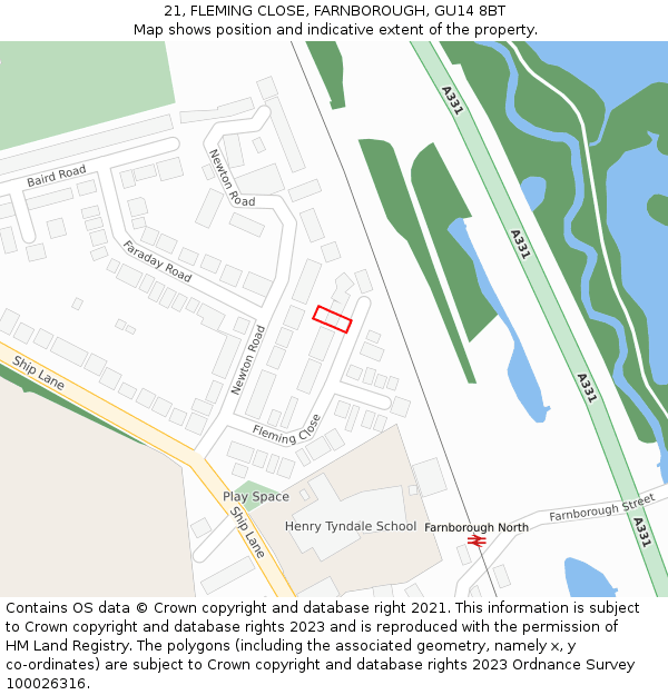 21, FLEMING CLOSE, FARNBOROUGH, GU14 8BT: Location map and indicative extent of plot