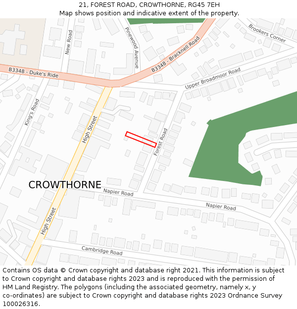 21, FOREST ROAD, CROWTHORNE, RG45 7EH: Location map and indicative extent of plot