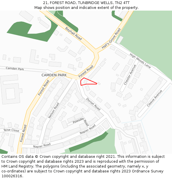 21, FOREST ROAD, TUNBRIDGE WELLS, TN2 4TT: Location map and indicative extent of plot