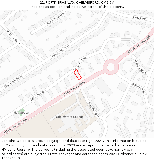 21, FORTINBRAS WAY, CHELMSFORD, CM2 9JA: Location map and indicative extent of plot