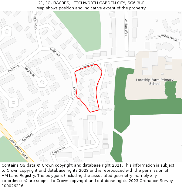 21, FOURACRES, LETCHWORTH GARDEN CITY, SG6 3UF: Location map and indicative extent of plot