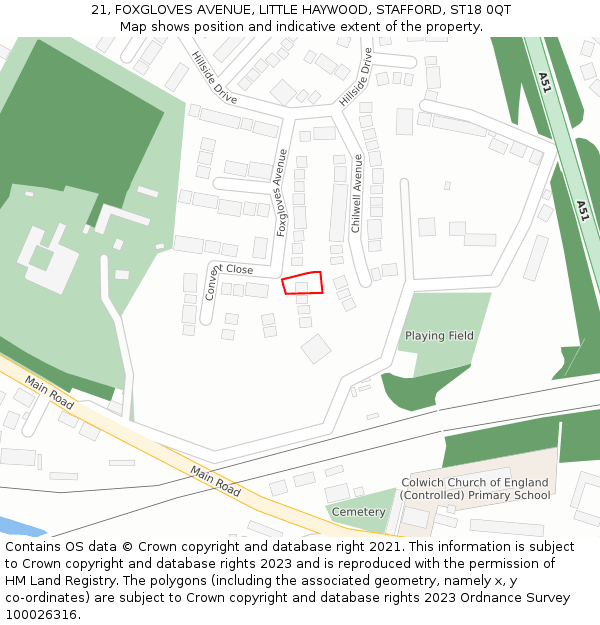 21, FOXGLOVES AVENUE, LITTLE HAYWOOD, STAFFORD, ST18 0QT: Location map and indicative extent of plot