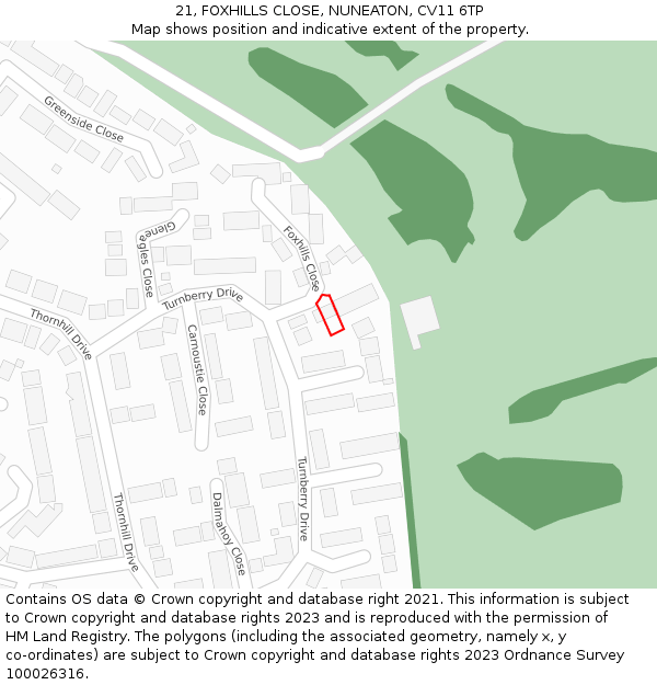 21, FOXHILLS CLOSE, NUNEATON, CV11 6TP: Location map and indicative extent of plot