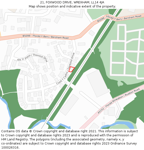 21, FOXWOOD DRIVE, WREXHAM, LL14 4JA: Location map and indicative extent of plot