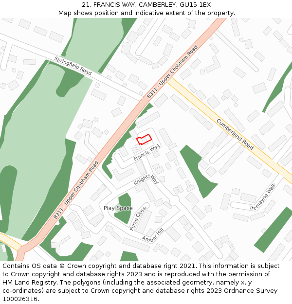 21, FRANCIS WAY, CAMBERLEY, GU15 1EX: Location map and indicative extent of plot