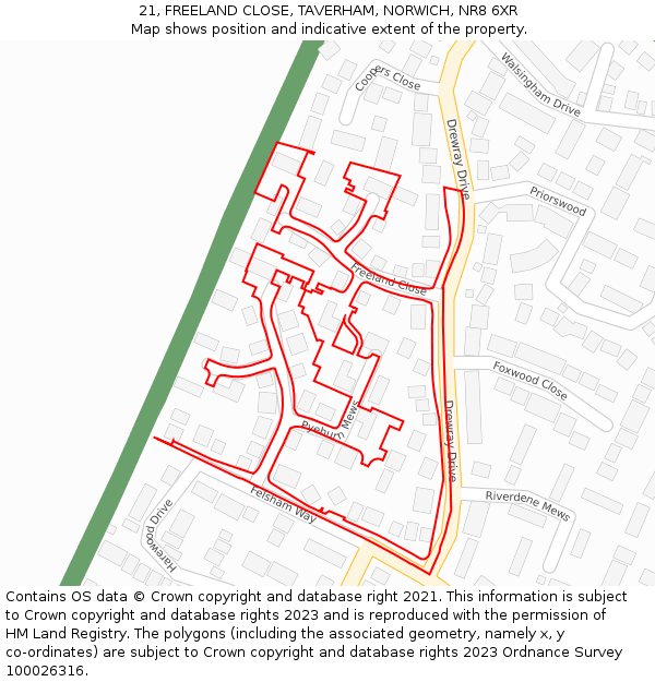 21, FREELAND CLOSE, TAVERHAM, NORWICH, NR8 6XR: Location map and indicative extent of plot