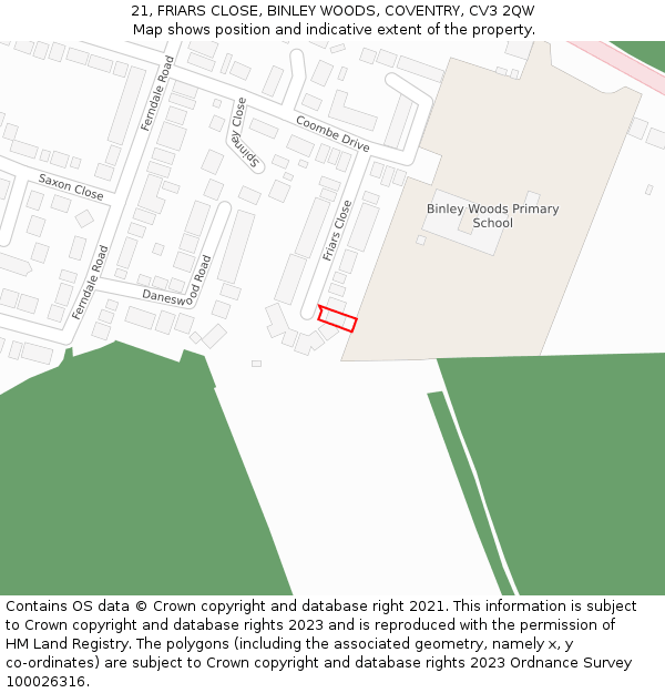 21, FRIARS CLOSE, BINLEY WOODS, COVENTRY, CV3 2QW: Location map and indicative extent of plot