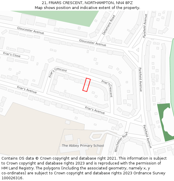 21, FRIARS CRESCENT, NORTHAMPTON, NN4 8PZ: Location map and indicative extent of plot