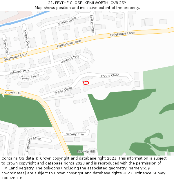 21, FRYTHE CLOSE, KENILWORTH, CV8 2SY: Location map and indicative extent of plot