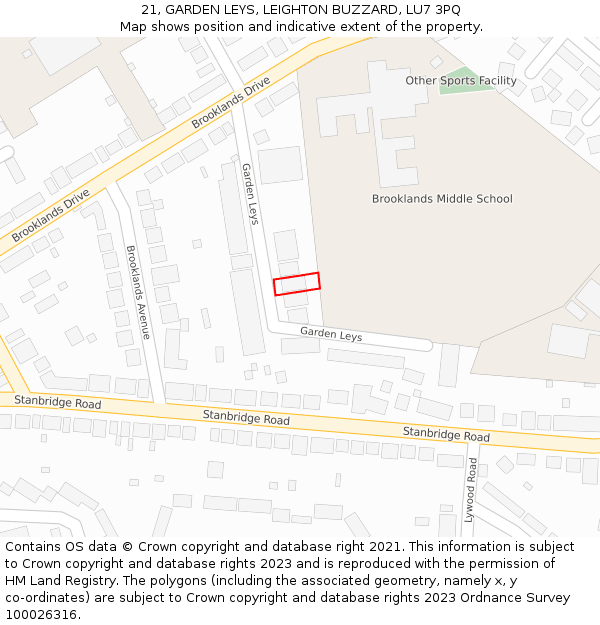 21, GARDEN LEYS, LEIGHTON BUZZARD, LU7 3PQ: Location map and indicative extent of plot