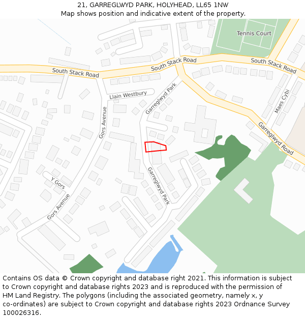 21, GARREGLWYD PARK, HOLYHEAD, LL65 1NW: Location map and indicative extent of plot