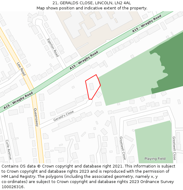 21, GERALDS CLOSE, LINCOLN, LN2 4AL: Location map and indicative extent of plot