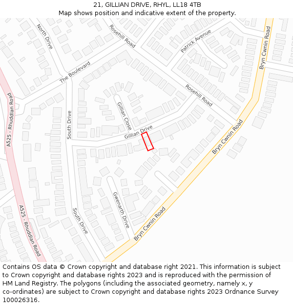 21, GILLIAN DRIVE, RHYL, LL18 4TB: Location map and indicative extent of plot