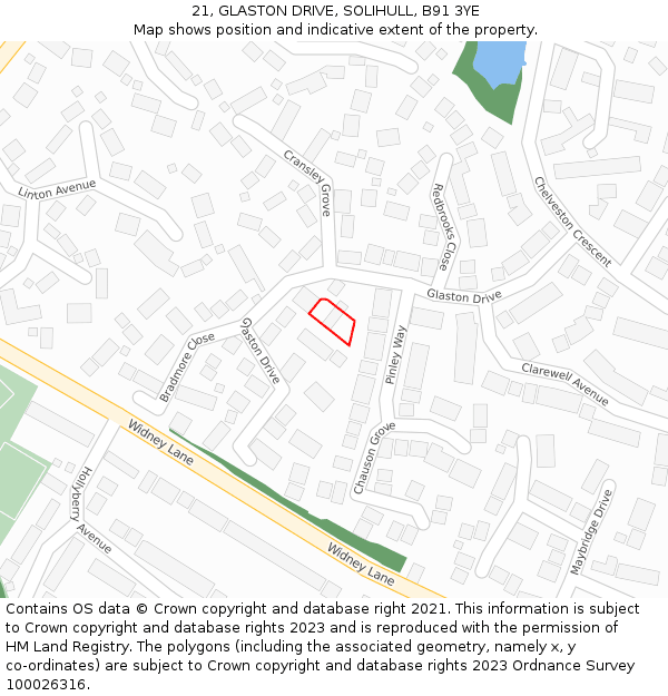 21, GLASTON DRIVE, SOLIHULL, B91 3YE: Location map and indicative extent of plot