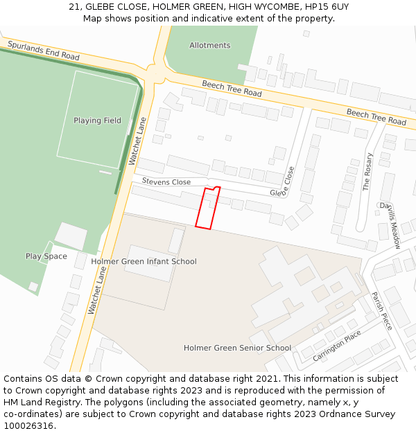 21, GLEBE CLOSE, HOLMER GREEN, HIGH WYCOMBE, HP15 6UY: Location map and indicative extent of plot