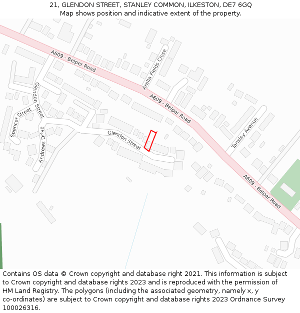 21, GLENDON STREET, STANLEY COMMON, ILKESTON, DE7 6GQ: Location map and indicative extent of plot