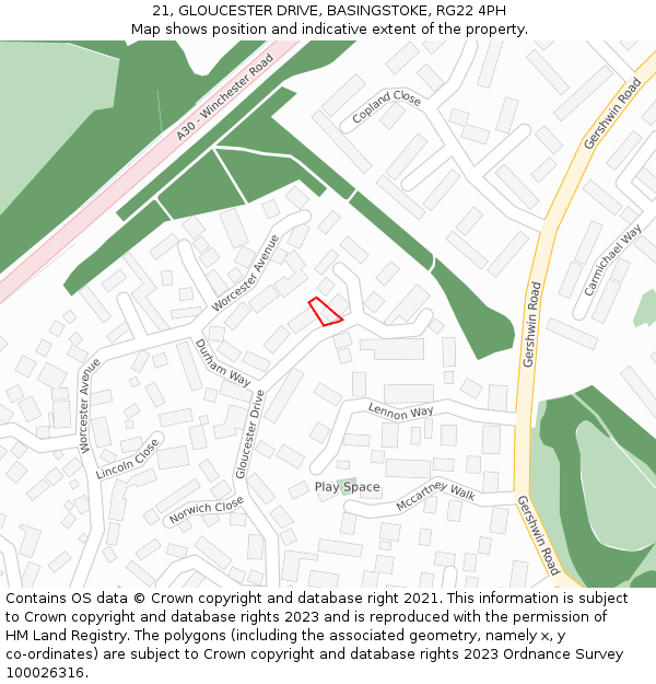 21, GLOUCESTER DRIVE, BASINGSTOKE, RG22 4PH: Location map and indicative extent of plot