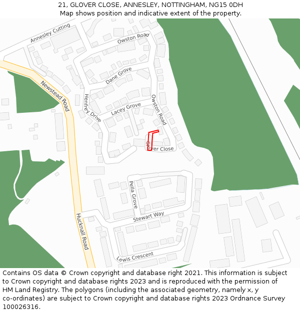 21, GLOVER CLOSE, ANNESLEY, NOTTINGHAM, NG15 0DH: Location map and indicative extent of plot