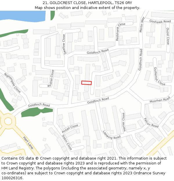 21, GOLDCREST CLOSE, HARTLEPOOL, TS26 0RY: Location map and indicative extent of plot