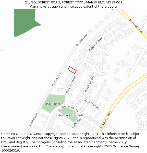 21, GOLDCREST ROAD, FOREST TOWN, MANSFIELD, NG19 0GP: Location map and indicative extent of plot