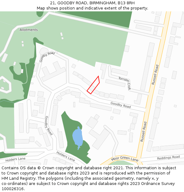 21, GOODBY ROAD, BIRMINGHAM, B13 8RH: Location map and indicative extent of plot