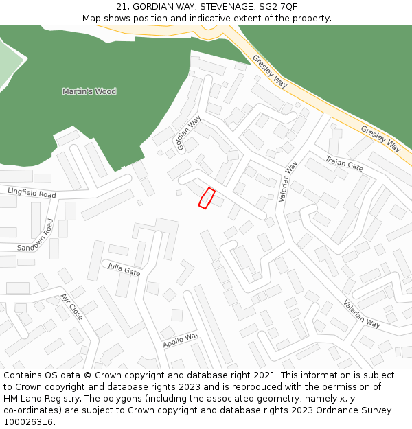 21, GORDIAN WAY, STEVENAGE, SG2 7QF: Location map and indicative extent of plot