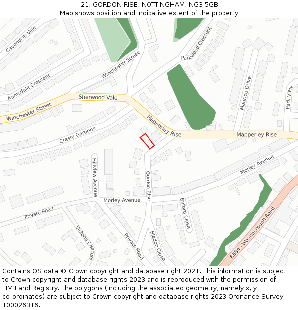 21, GORDON RISE, NOTTINGHAM, NG3 5GB: Location map and indicative extent of plot