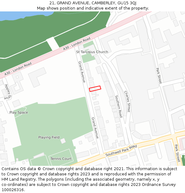 21, GRAND AVENUE, CAMBERLEY, GU15 3QJ: Location map and indicative extent of plot