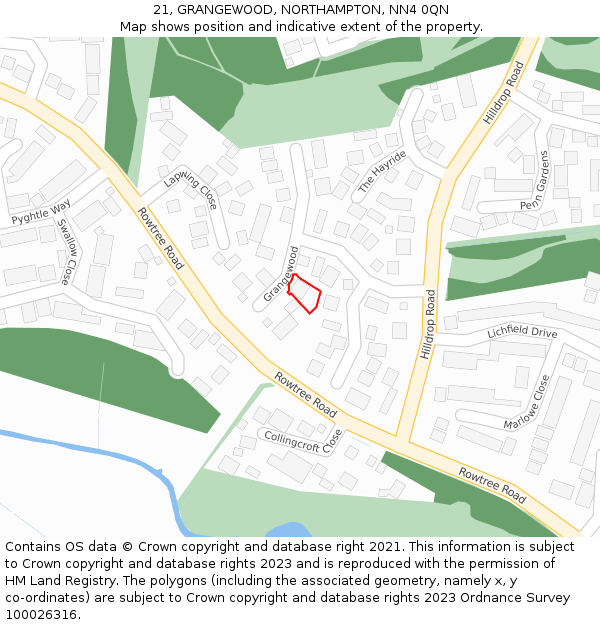 21, GRANGEWOOD, NORTHAMPTON, NN4 0QN: Location map and indicative extent of plot
